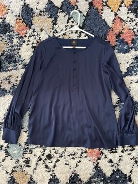 JM Collection Navy Satin Button-Front Long Sleeve Blouse